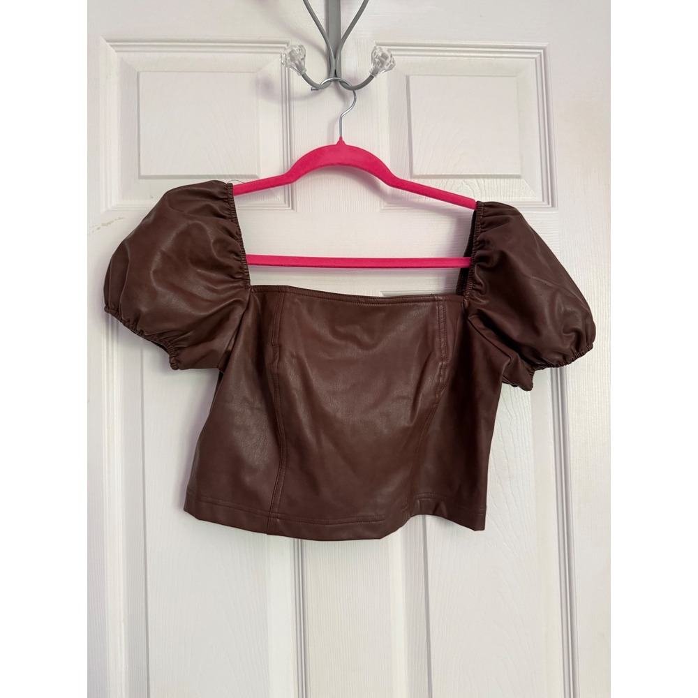 7 For All Mankind Brown Vegan Leather Puff Sleeve Crop Top Small chocolate
